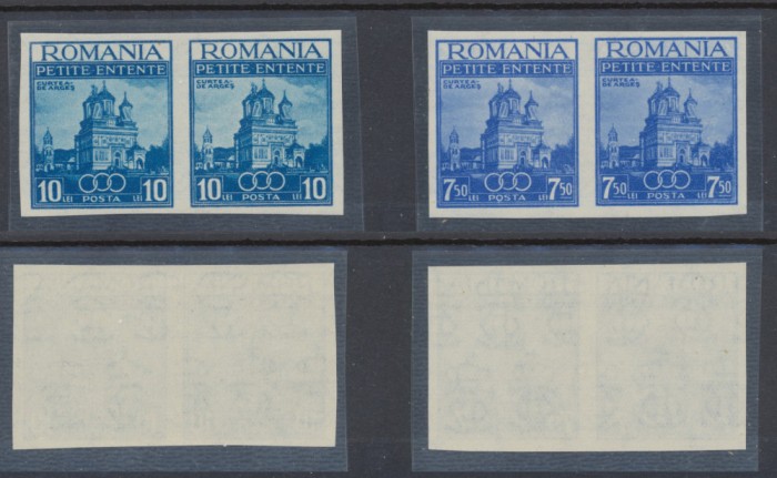 Romania 1937 Mica Antanta - biserica Curtea de Arges - serie nedantelata MNH in perechi orizontale, tiraj 200 serii