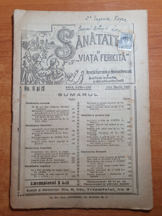 sanatatea si viata fericita 1-15 martie 1921-20 ani de la fondarea revistei