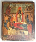 "Adormirea Maicii Domnului" icoana pe lemn atelier de factura populară Moldova sfarsit de secol 18