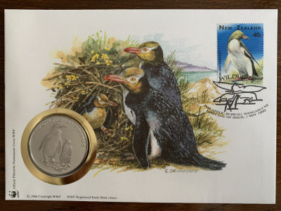 noua zeelanda - pinguin - FDC cu medalie, fauna wwf foto