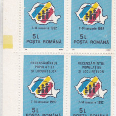 ROMANIA 1991 LP 1264 RECENSAMANTUL BLOC DE 4 TIMBRE MNH