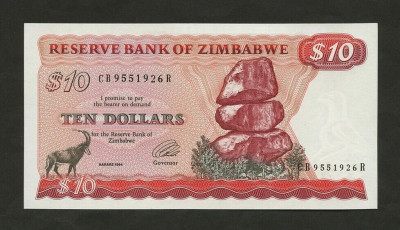 ZIMBABWE █ bancnota █ 10 Dollars █ 1994 █ P-3e █ UNC █ necirculata foto