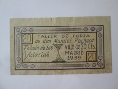 Rar! Spania 20 Centimos 1939 Atelier Forjare Madrid cupon realizat manual-Razboiul Civil Spaniol foto