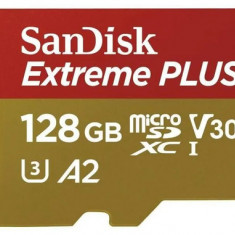 Card de memorie SanDisk Extreme Plus SDSQXBD-128G-GN6MA, MicroSDXC, 128 GB, UHS-I U3, Clasa 10, V30 + Adaptor SD