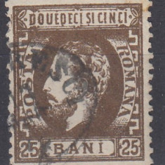 ROMANIA 1872 LP 37 CAROL I CU BARBA DANTELAT VAL. 25 BANI SEPIA STAMPILAT