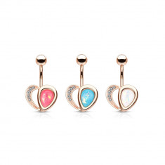 Piercing pentru buric din oțel 316L de culoarea cuprului – inimă, reflexe opal, cristale, 1,6 mm - Culoare: Roz