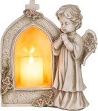 Decor funerar pentru mormant cu &icirc;nger rugator si lumanare LED, 26 cm