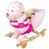 Balansoar bebelusi, fotoliu din plus, model Ursulet roz, cu roti basculante, centura, sunete muzicale