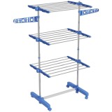 HOMCOM Uscător de Rufe Pliabil Vertical, Extensibil Tip Turn cu 6 Roți, C&acirc;rlige și 3 Rafturi, 142x55x152 cm, Albastru | Aosom Romania