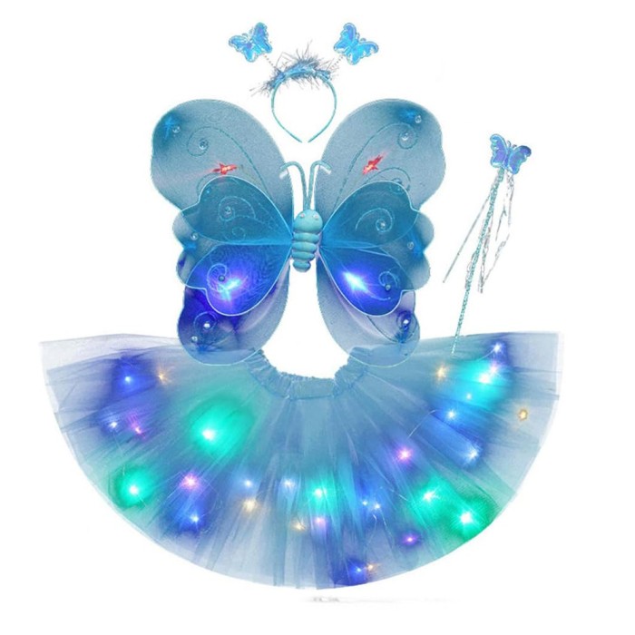 Costum fluturas fairy dress cu aripi modelabile luminoase pentru copii, fusta din tul cu lumini, 4 piese, bumbac/poliester, albastru