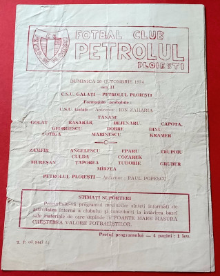 Program meci fotbal PETROLUL PLOIESTI - CSU GALATI (20.10.1974) foto