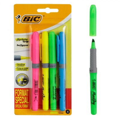 Set Evidențiatoare, BIC, Multicolor, 4 Bucăți, V&amp;acirc;rf Subțire, Prindere Cauciuc foto