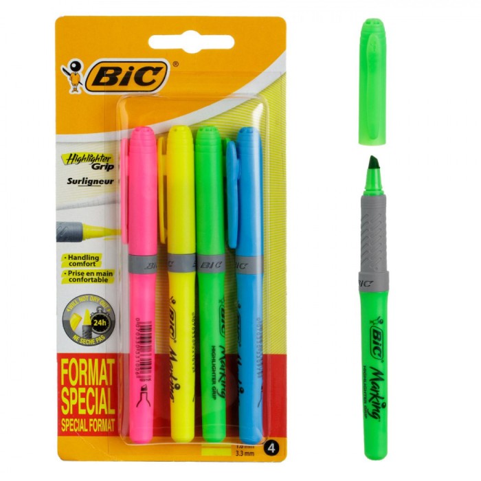 Set Evidențiatoare, BIC, Multicolor, 4 Bucăți, V&acirc;rf Subțire, Prindere Cauciuc