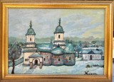 Mircea Popescu Tablou Peisaj bucovinean cu Biserica R&acirc;șca Fălticeni pictura ulei inramata 30x40 cm