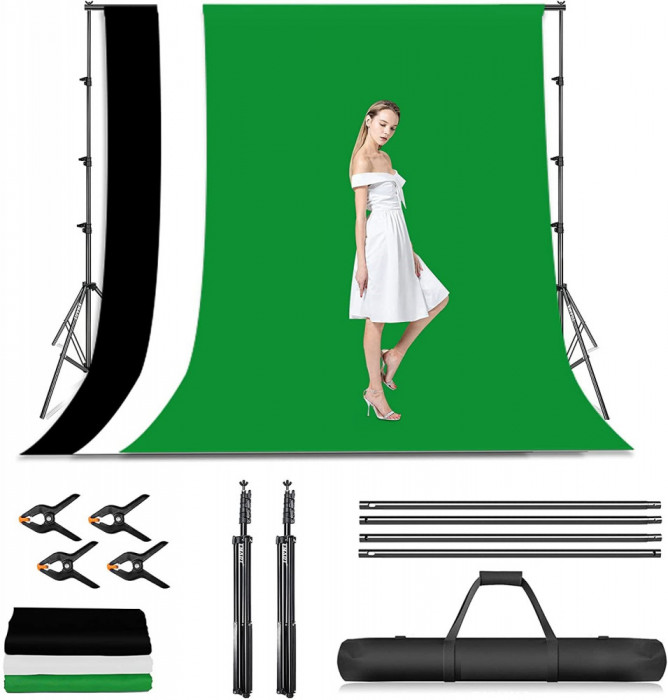 Kit studio suport fundal 2x2m + 3 panze 2,4 x 2 m + geanta transport + clesti