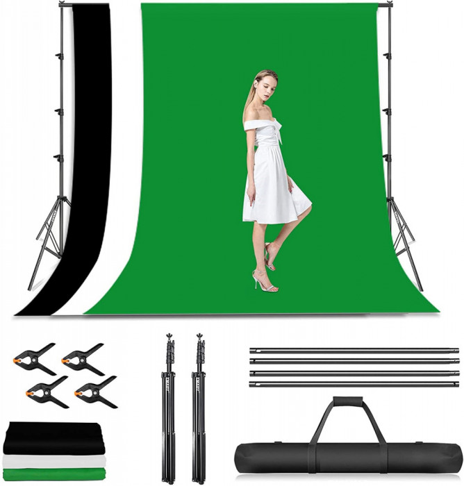 Kit studio suport fundal 2x2m + 3 panze 2,4 x 2 m + geanta transport + clesti