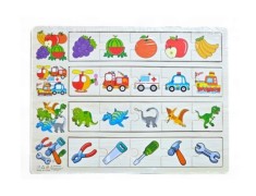 Plansa cu 4 categorii de puzzle de asociere din lemn &ndash; model fructe, vehicule, dinozauri, unelte