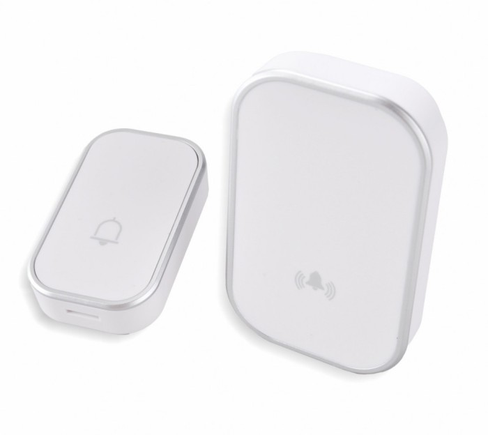 Sonerie fara fir 1 transmitator - comutator cu baterie 12V (1 buton) si 1 receptor alb ( 1 sonerie) la priza , IP44