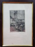 Gravura Zoe Vermont - Turnul Sfatului Sibiu, 15x10.5cm, Certificat Autenticitate, Pictura Sibiu