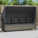 vidaXL Șezlong Gradina cu Baldachin Gri Poliratan, Perne Incluse, 204x75x140cm, Rezistent UV