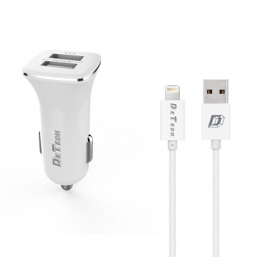 INCARCATORU AUTO (14123) DE TECH DE-01I, 5V/2.4A, 12/24V,+ CABLU LIGHTNING, 2 X USB, ALB BLISTER foto