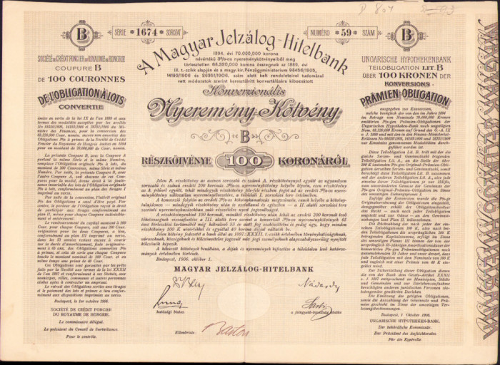 HST A639 Acțiune A Magyar Jelzalog Hitelbank 1906