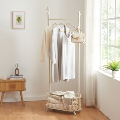 Cuier mobil din otel alb cu cos de rufe si roti Risor [en.casa]