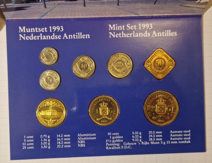 Set Monede Antilele Olandeze, Netherlands Antilles, 1993, 7 monede, 1 jeton