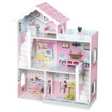 AIYAPLAY Casă de Păpuși din Lemn pentru Copii 3-6 ani, 3 Etaje, Balcon, Scări, 10 Accesorii, Roz
