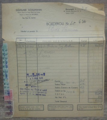 Borderou Sigmund Schumann, agent oficial pe langa Bursa de Efecte/ 1948 foto