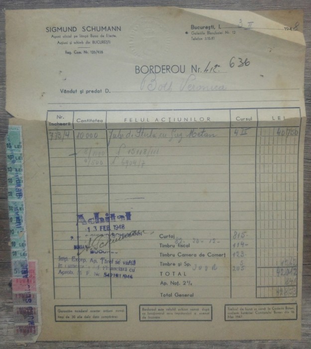 Borderou Sigmund Schumann, agent oficial pe langa Bursa de Efecte/ 1948