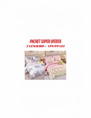 Pachet 2 lenjerii de pat finet, 6 piese, cu elastic, roz florala si alba cu unicorni foto