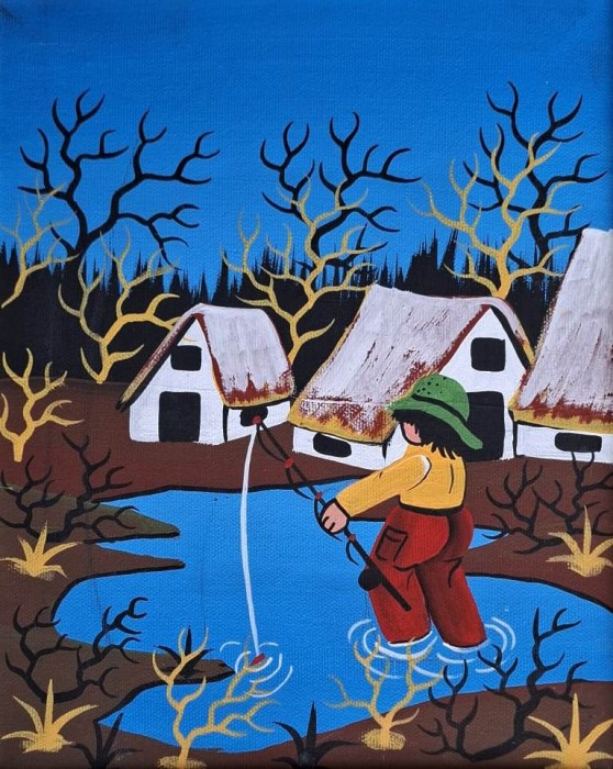 KACOVIC-Peisaj cu pescar, pictură naivă jugoslavă