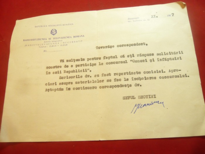 Adresa cu Antetul Radioteleviziunii Romane 1967