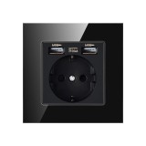 Priza Techstar&reg; Crystal TSU1, Simpla, 2 x USB, 2.1 A, Culoare Negru Onyx, Sticla Securizata, 16A