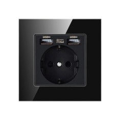 Priza Techstar&reg; Crystal TSU1, Simpla, 2 x USB, 2.1 A, Culoare Negru Onyx, Sticla Securizata, 16A