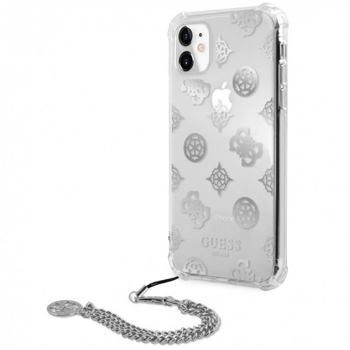 Husa Plastic - TPU Guess Chain Peony pentru Apple iPhone 11, Argintie GUHCN61KSPESI