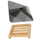 Covoras pentru baie ultra absorbant, anti-alunecare, material Diaton, Model Abstract, 50 x 80 cm si Sapuniera din lemn natural B, MCT