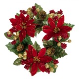 Inel decorativ de Craciun Shopiens&reg; pentru lumanare cu Flori Catifelate Rosii, Conuri si Pomusoare, 19 cm