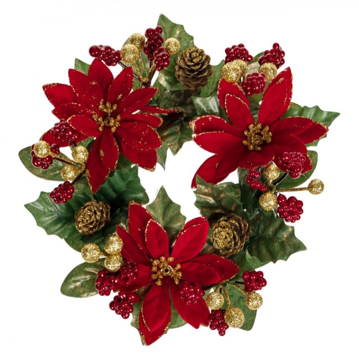 Inel Decorativ Crăciun, Flori Catifelate Roșii, Conuri, Pomușoare Aurii, Diametru 19 cm