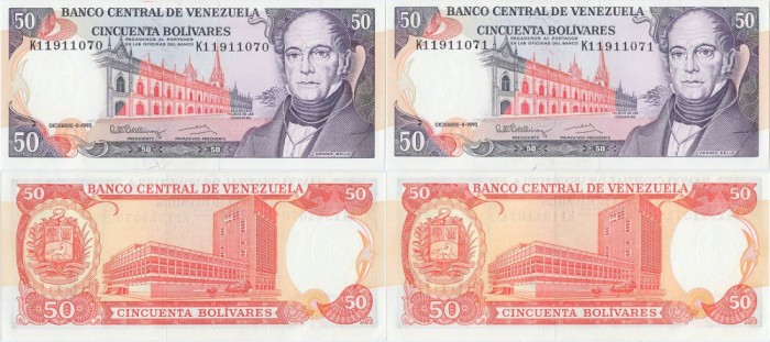 2 &times; 1992 (8 XII), 50 Bol&iacute;vares (P-65d.2) - Venezuela - stare UNC