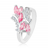 Inel lucios de culoare argintie, boabe din zirconiu roz, zirconii transparente - Marime inel: 54