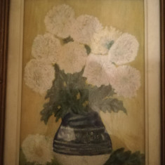 Flori, pictură pe carton, ramă, sticlă, paspartu, 35x25 cm, semnat stanga jos