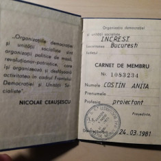 Carnet Membru, Organizatia Democratiei si Unitatii Socialiste, ODUS,1981 INCREST