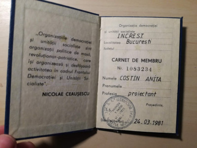 Carnet Membru, Organizatia Democratiei si Unitatii Socialiste, ODUS,1981 INCREST foto