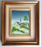 Peisaj cu turn - tablou original cu passepartout ulei pe carton 28x34cm, Flori, Miniatural