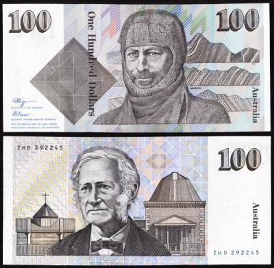 AUSTRALIA █ bancnota █ 100 Dollars █ 1990 █ P-48c █ Higgins &amp;amp; Fraser █ UNC foto