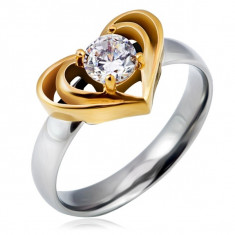 Inel argintiu din oțel cu inimă dublă aurie, zirconiu transparent - Marime inel: 52