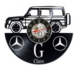 Ceas de perete decorativ realizat din disc de vinil, Model Mercedes-Benz G-Class, Profil G-Wagon, 2 Sigle Mercedes, Text G Class, Skeleton, 30 cm