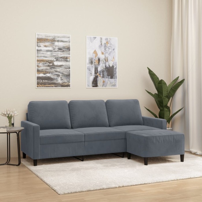 vidaXL Canapea cu 3 locuri și taburet, gri &icirc;nchis, 180 cm, catifea 3201056